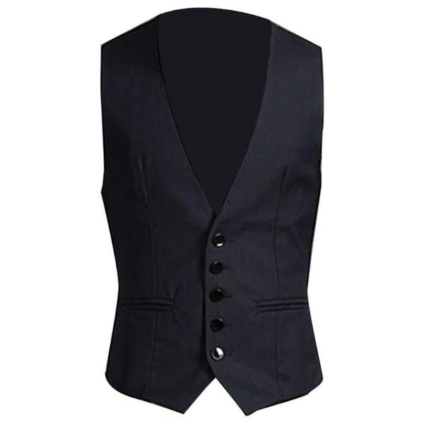 

men's vests business men solid color v neck button pocket sleeveless slim fit vest waistcoat, Black;white
