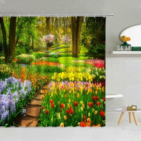 

waterproof nature woods sunshine flowers shower curtain set polyester fabric bath screen with hooks 3d printing curtains