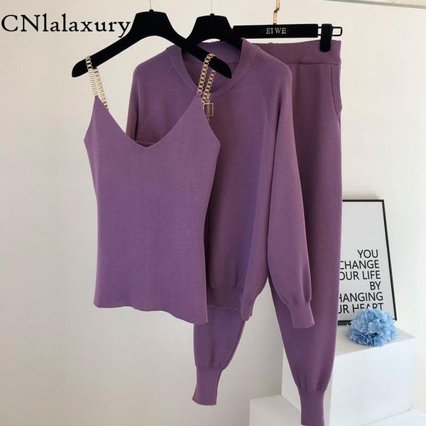 

women's two piece pants 2021 3pcs knitting suit long-sleeved zip jacket cardigans tank women fashion solid lounge set casual tracksuits, White