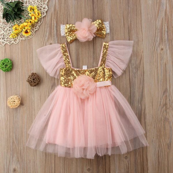 

summer cute sweet kids toddler girl dresses baby girls lace tulle floral party wedding princess headband, Red;yellow