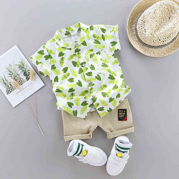 Menino criança de manga curta camisa roupas terno folha de verão cópia cintura crianças roupas para bebê meninos terno para crianças roupas g220310