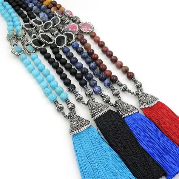 

pave cz silk tassel pendants necklaces 8mm natural stones beads and knot handmade pendant, Silver