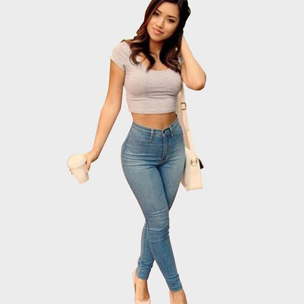 

women's basic stretch pencil pants high-waisted jeans, Blue