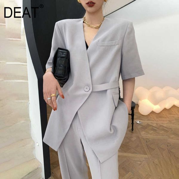 

[deat] summer fashion short sleeve sling button blazer solid color straight-leg pants women two-piece suit 13q189 210527, White