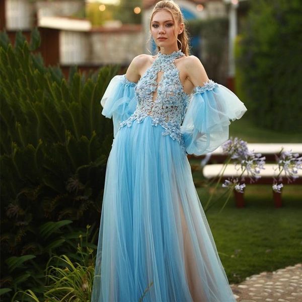 

party dresses elegant a-line sky blue tulle long prom dress halter lace beaded pleats puffy sleeves evening sweep train gowns, White;black