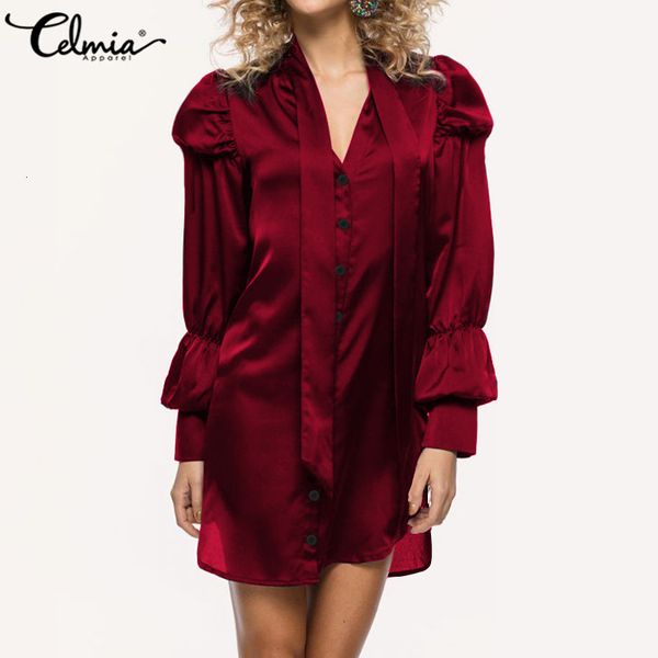 

dresses celmia 2021 summer mini dress satin women elegant lantern sleeve sundress casual solid bow tie v-neck party vestidos robe, Black;gray