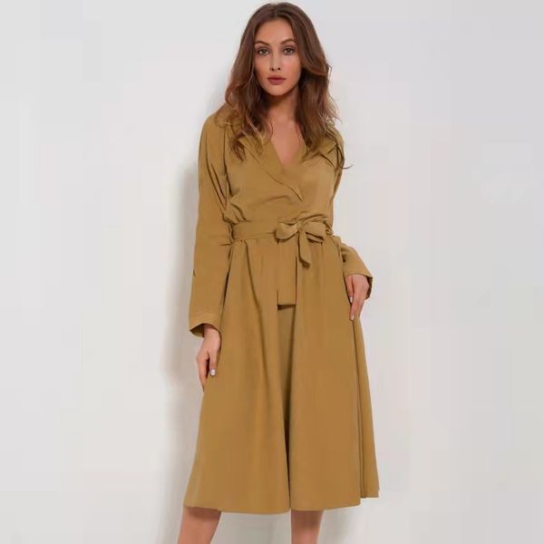 

jacket dress long windbreaker winter lapel coat belt adjustable goddess temperament solid color windproof and cold proof s-xl thick fabric, Black;brown
