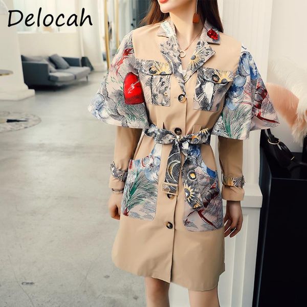 

women's trench coats delocah women autumn fashion designerÂ trench long sleeve bow sashes pockets vintage printed ladies loose outerwear, Tan;black