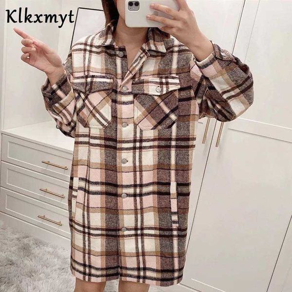 

klkxmyt za jacket women fashion plaid with pocket loose long coat vintage sleeve female outerwear chic 210527, Black;brown