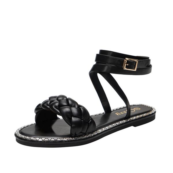 

fashionable two wear knit strap sandals with flat heels for women, Black