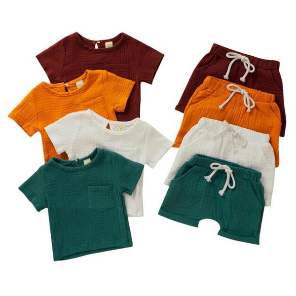 

baby's solid color cotton linen 2pcs suit short sleeve round neck t-shirt elasctic shorts girl boy outfit daily home wear clothing se, White