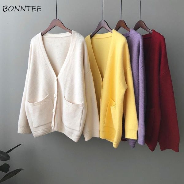 

women's knits & tees cardigan women 4 colors loose casual v-neck elegant all-match knitting pockets solid simple soft female sweater ul, White