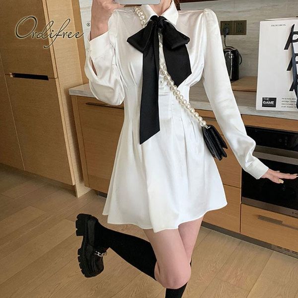 

casual dresses ordi2021 autumn women white shirt dress long sleeve bow tie cute school girls satin mini party, Black;gray