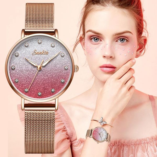 

wristwatches sunkta women watches fashion rose gold watch sport femme bracele wrist for relogio feminino+box, Slivery;brown