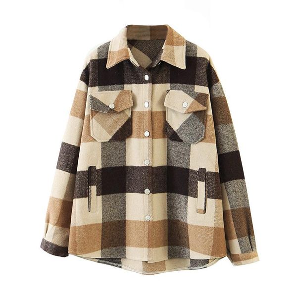 

loose casual wool plaid jacket women turn down collar fashion coat with pockets autumn long sleeve ladies jackets coats women's, Black;brown