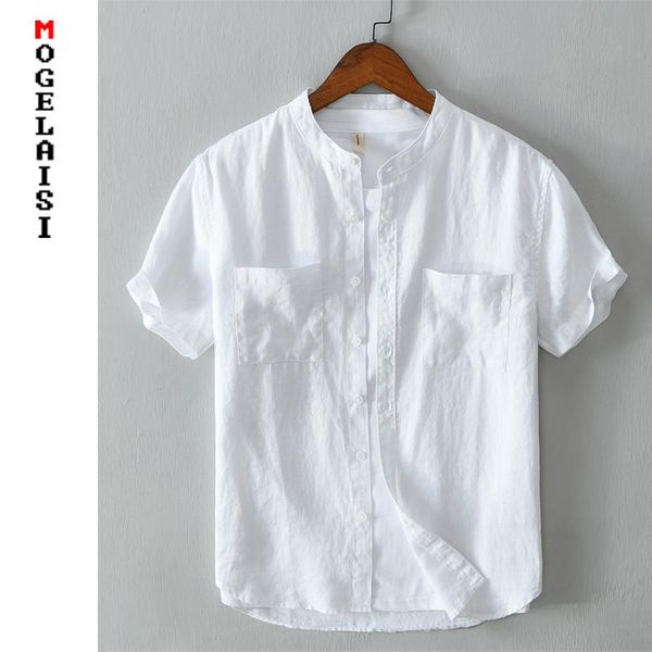 

men's casual shirts 100% linen white shirt men short sleeve summer solid breathable two pocket camisa masculina 560, White;black