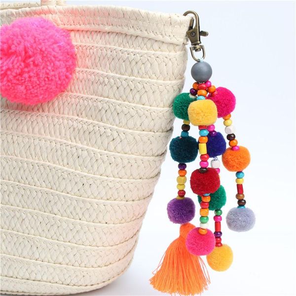 

colorful bead tassels big ball key chain charm pompom keychains fashion jewelry bohemian handmade bag pendant women, Silver