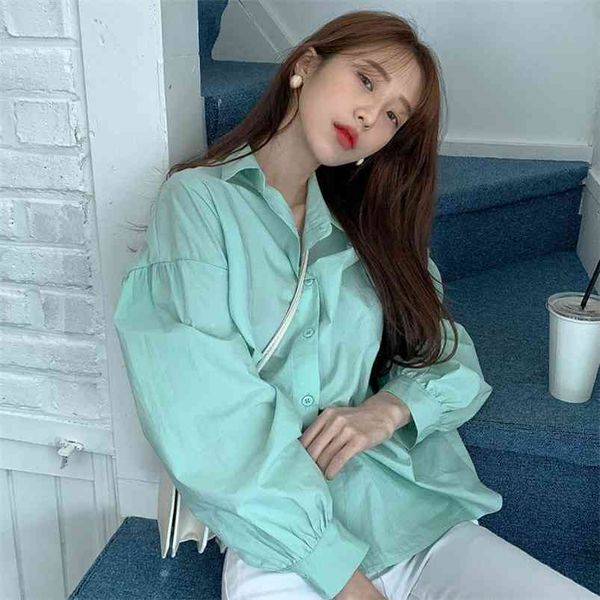 

spring autumn women's blouse korean solid color lapel single-breasted loose casual lantern sleeve s gx386 210507, White