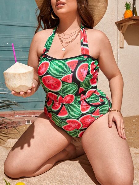 

plus watermelon print halter one piece swimsuit b84z#, Black