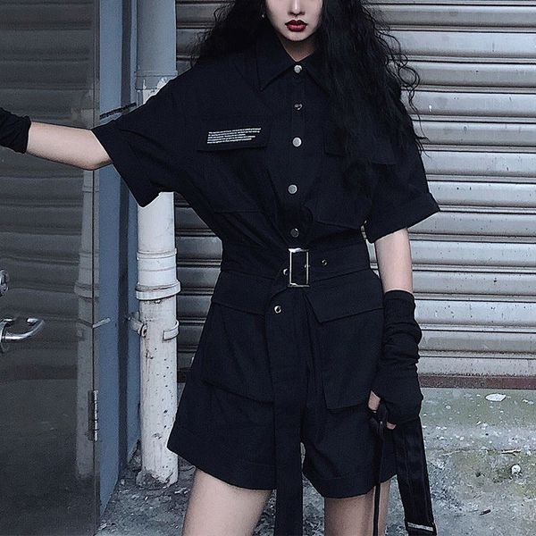 

black gothic jumpsuit women korean harajuku vintage high waist cargo pants short sleeve streetwear rompers suit clothes, Black;white