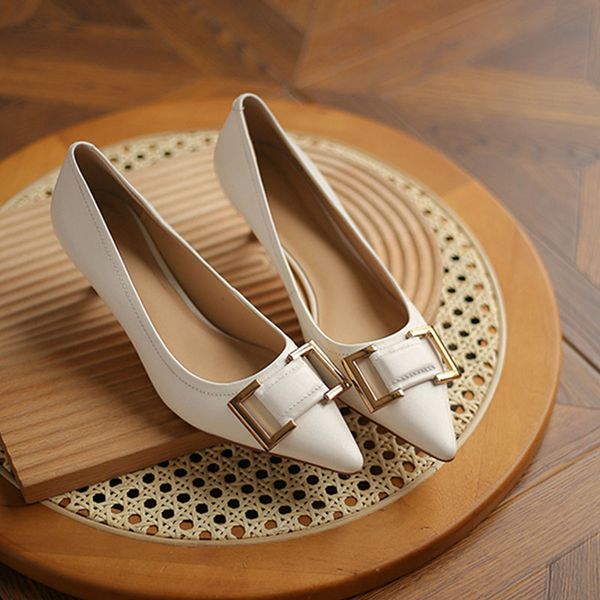

temperament women heeled shoes pointed solid color buckle design convenient set foot high 5cm asakuchi woman shoes, Black