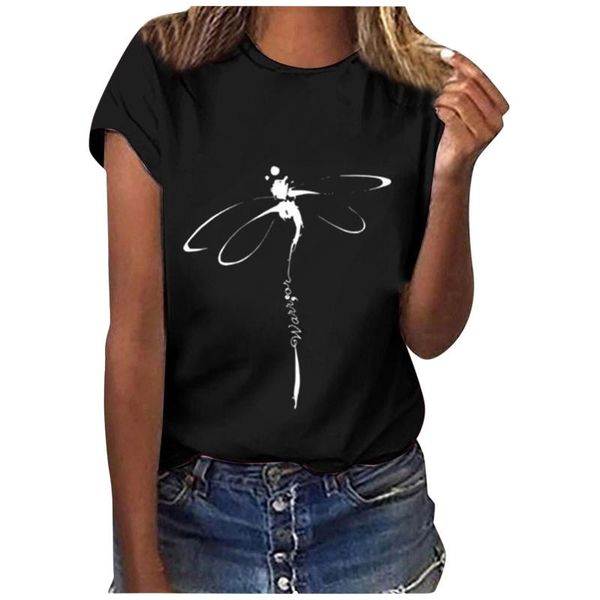 

women's t-shirt black plus size women summer dragonfly print lady casual t shirt harajuku streetwear short sleeve o-neck tees, White