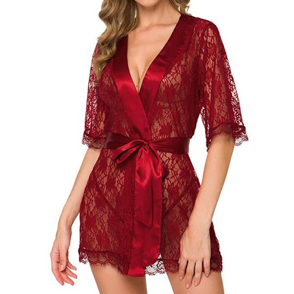 

women's sleepwear lace perspective robes women thin section bathrobe short sleeves nightdress temptation lingerie dress+ briefs + belt, Black;red