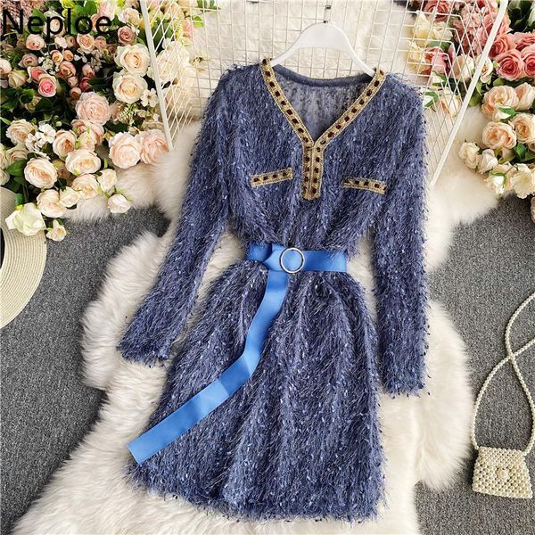 

neploe 2021 fashion dresses for women loose slim waist robe v-neck long sleeve vestidos fall clothes chic tassels elegant dress casual, Black;gray
