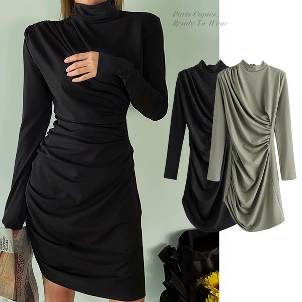 

casual dresses spring woman autumn fashion folds cotton long sleeve ladies slim vestidos turtleneck midi dress x8oo, Black;gray