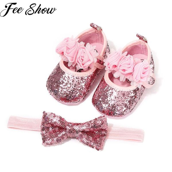 

0-18m newborn baby girls shoes infant princess shoes first walkers + sequins bowknot hairband baby girl birthday party