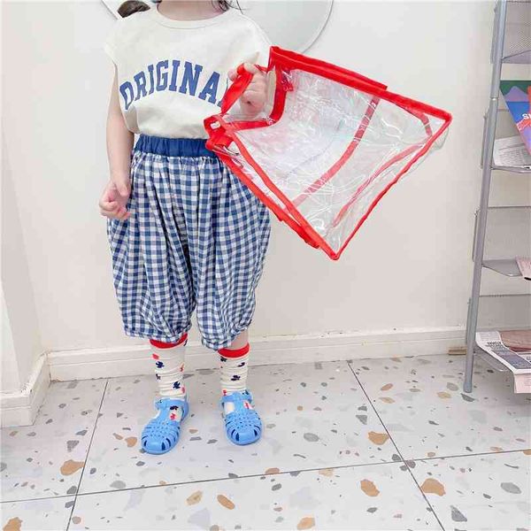 

summer arrival girls fashion plaid pants kids korean design trousers knee length 210528, Blue