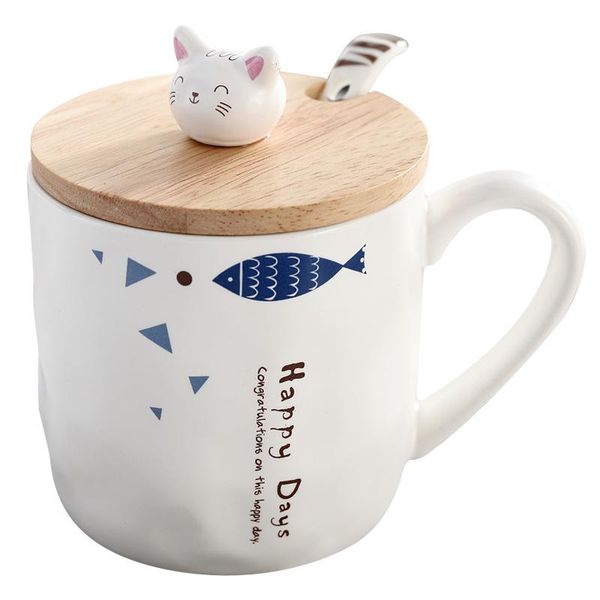 

mugs cute simple creative cat and fish mark ceramic cup cartoon with spoon cover breakfast milk style shape type