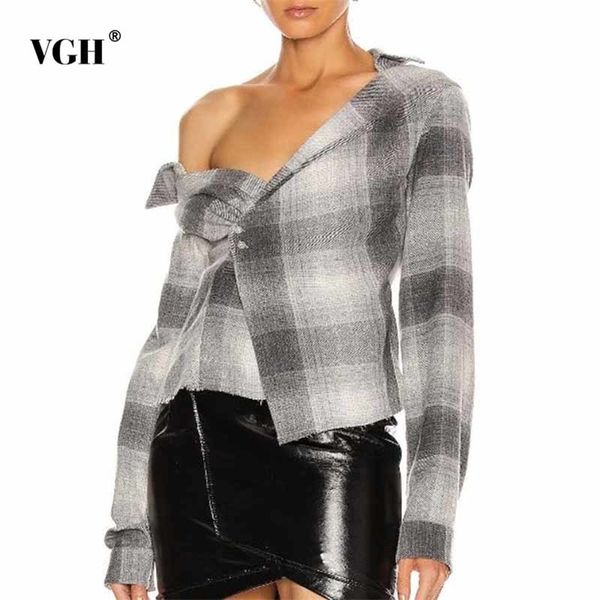 

casual plaid shirt for women skew collar long sleeve asymmetrical hit color loose blouses female summer fashion stylish 210531, White