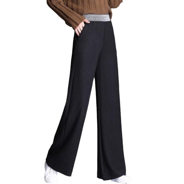 

women's pants & capris autumn winter kniwide-leg woman plus size high-waisted female straight loose drape casual long women, Black;white