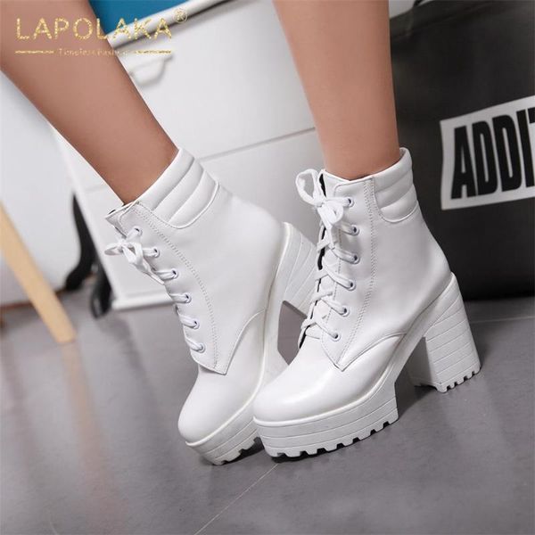 

boots lapolaka 2021 large size 43 platform comfortable shoes woman lace up chunky high heels autumn winter female, Black