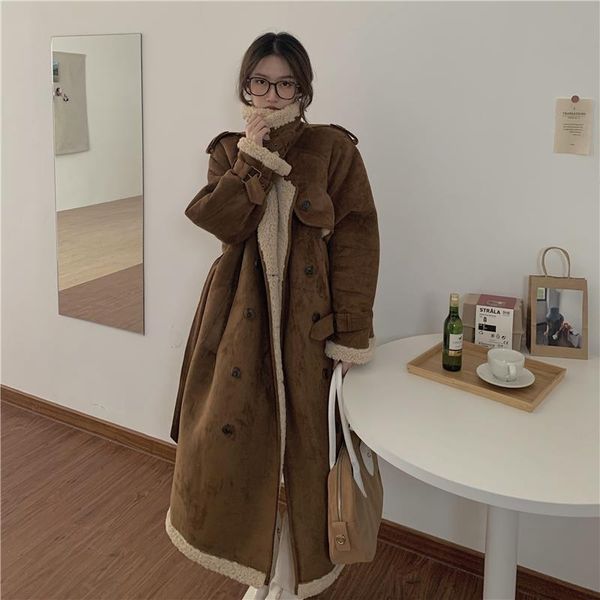 

women's fur & faux hstar women winter lambwool shirling furry parkas collar jacket warm thick outerwear lamb leather mid-length coat, Black