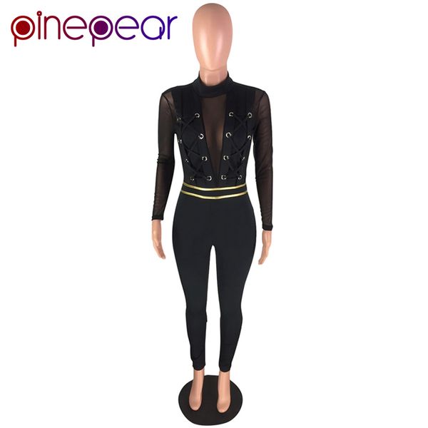 

pinepear mesh jumpsuit women 2021 winter long sleeve lace up see through nightclub bandage bodycon romper drop shipping, Black;white