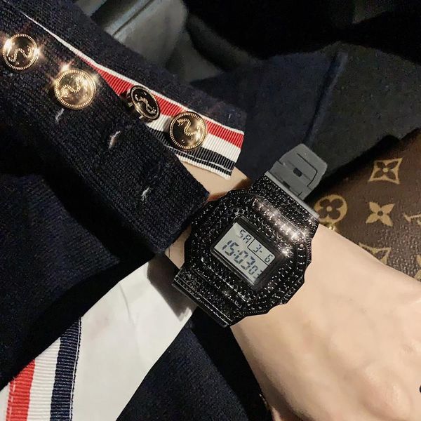 

wristwatches cool full black crystals watches for men sporty fashion brand square wrist watch waterproof rubber digital led unisex, Slivery;brown