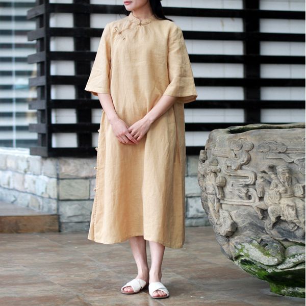 Johnature stile cinese casual cotone ramie tre quarti manica donna abito primavera estate bottone solido abito femminile 210521