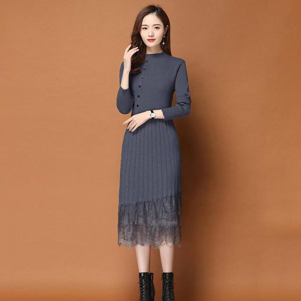 

casual dresses thick warm elegant knitted dress women autumn winter o-neck buttons long sleeve slim lace sweater femme vestidos, Black;gray