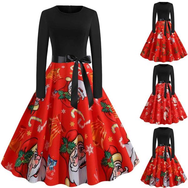 

casual dresses fashion for women xmas bowknot a line flare vintage dress prom swing long sleeve printing christmas party, Black;gray