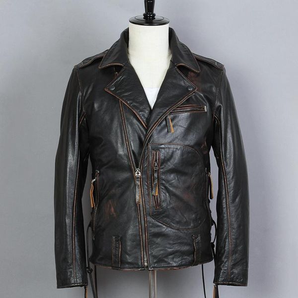 

men's leather & faux jacket genuine fashion men turn-down collar motorcycle biker clothing cow vintage real coat, Black