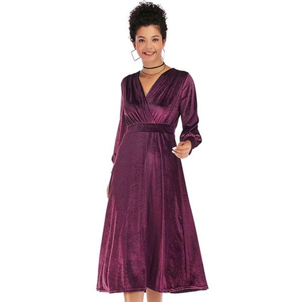 

casual dresses 40gc women lantern sleeve wrap v-neck velvet midi dress solid empire waist clubwear, Black;gray