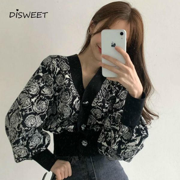 

knits printed knit for women korean lantern sleeve single breasted v-neck cardigan simple autumn warmth women's cardigans, White