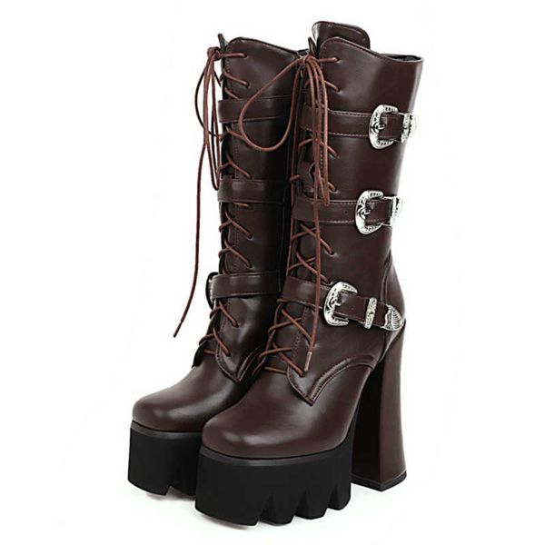 

punk combat boots women leather platform spring fashion rubber boots thick heels mid-calf boot women large size 48 210429, Black