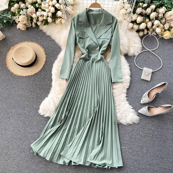 

spring and summer women's pleated dress elegant lady v-neck green long-sleeved commuter suit collar vintage femme robe casual dresses, Black;gray