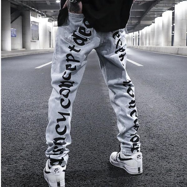 

men's jeans street letter embroidery men pant jean skinny fashion graphic sticking cloth hip hop denim trousers, Blue