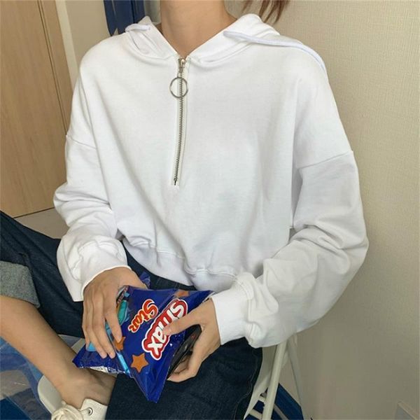 

women's t-shirt loose casual zipper solid color, White