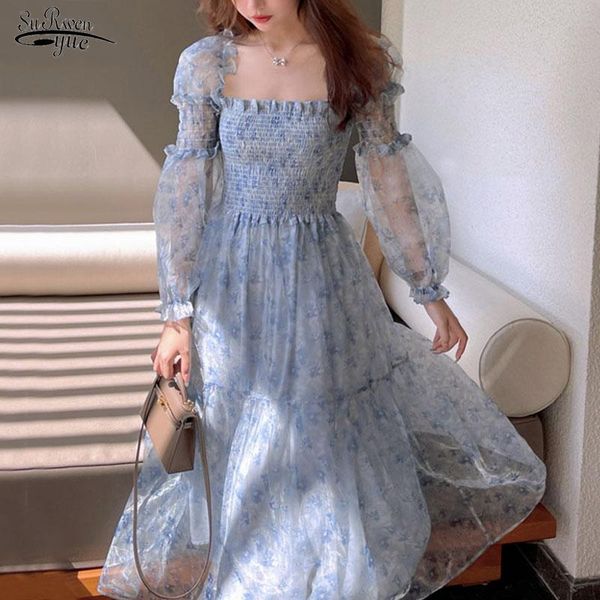 

casual dresses puff sleeve square collar boho beach floral dress summer lace elegant midi women female party one piece korean 14514, Black;gray