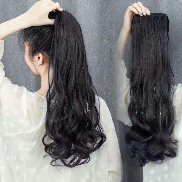 

synthetic wigs allaosify long kinky wavy ponytail with braids hair accessories for women drawstring wig, Black